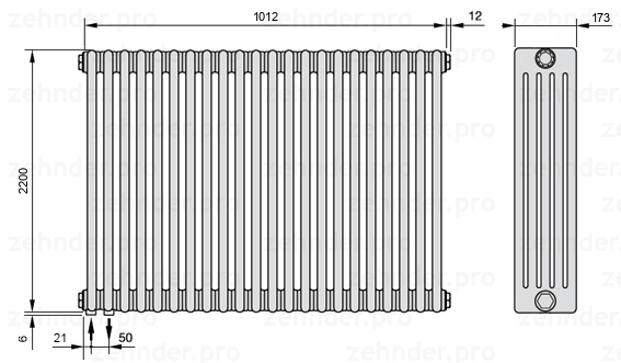 Схема (чертеж) Радиатор Zehnder Charleston 5220/22 №3370 Белый глянцевый RAL 9016